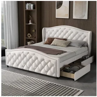 OKWISH Polsterbett Doppelbett Stauraumbett (mit Lattenrost und Kopfteil,Doppelbett, Stauraumbett mit 2 Schubkästen, 160X200cm Inklusive Matratze), mit hohes Kopfteil & Bettkasten, Holzlattenunterstützung, PU, weiß weiß 166 cm x 213.5 cm x 100 cm