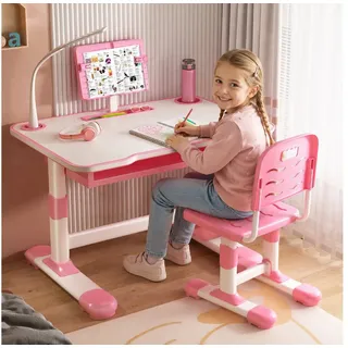Rutaqian Kinderschreibtisch Kinderschreibtisch höhenverstellbar, Schreibtisch Kinder mit Stuhl (Höhenverstellbarer Ergonomischer Schreibtisch-Stuhl Set), Kinderschreibtisch-Stuhlset mit Tischlampe für Jungs und Mädchen rosa