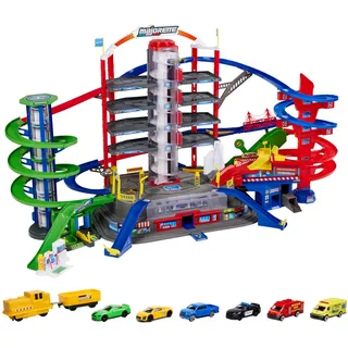 Majorette Super City Garage, motorisierte Bahn für Modellautos mit Parkplätzen und Eisenbahn, Parkhaus für Die-cast Autos, Spielzeug als Geschenk für Jungen und Mädchen, ab 5 Jahren, mehrfarbig