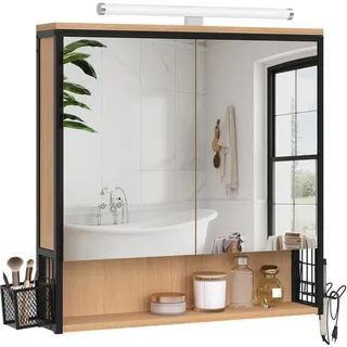 EUGAD Spiegelschrank Bad mit Beleuchtung, Badezimmerschrank mit Spiegel, Badschrank hängend, mit Verstellbarer Ablage Halter Korb, aus Metall MDF, Schwarz + Helle Eiche, 70Bx70Hx14,5T cm