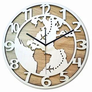 ORNAMENTI Wanduhr Dekorative Weltkarte, handgefertigte, Holz,Hingucker Wanddeko, Eiche (lautlos, ohne Tickgeräusche, lesbare Ziffern) 60 cm