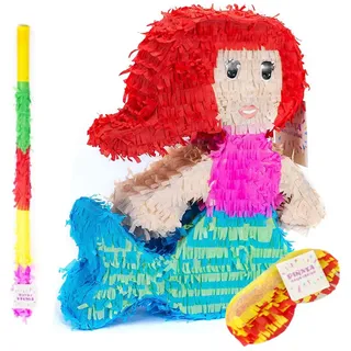 Trendario Meerjungfrau Pinata Set, Pinjatta + Stab + Augenmaske, Ideal zum Befüllen mit Süßigkeiten und Geschenken - Piñata für Kindergeburtstag Spiel, Geschenkidee, Party, Hochzeit