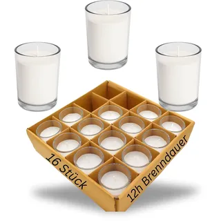 Candelo Votivkerzen Kerzen im Glas 16 Stück weiß 12 Std Brenndauer rußfrei | Tischkerzen, Windlicht, Dekoration, Hochzeit, Geburtstag, Party, ohne Duft, rußfrei, Stilvoll, Kerze