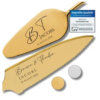 SMARTEON Cake-Server Set mit Tortenmesser und Personalisierter Gravur Initialen – Hochzeitsgeschenke für Brautpaar, Geburtstag, Jubiläum, Geschenkidee für Paare – Goldfarbenes Set in Geschenkbox