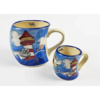 2er Set Moin Moin Becher + Mini Becher schiefe Tasse bauchig Robbe Leuchtturm Möwe Souvenir schräg