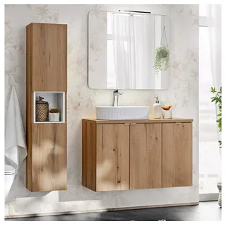 Lomadox Badmöbel-Set NEWPORT-56-OAK, (Spar-Set, 3-St., Spiegel Waschtisch), in Eiche und weiß, 90cm Unterschrank, Aufsatzwaschbecken braun
