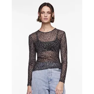 Langarmshirt PIECES "PCNINNI LS MESH TOP NOOS BC", Damen, Gr. L, schwarz (schwarz aop:leo), Web, Obermaterial: 95% Polyester, 5% Elasthan, bedruckt, durchscheinend, gemustert, mehrfarbig, transparent, regular fit normal, Rundhals, Shirts Langarmshirt, Materialmix, regular fit
