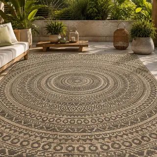 Taracarpet In- & Outdoor Teppich Wetterfest Wohnzimmer Balkon Küchenteppich Flachgewebe sisaloptik Mandala Natur 200x280 cm