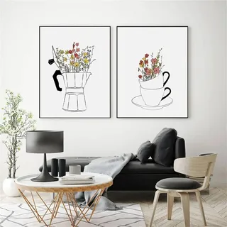 Herfair 2 Stück Poster Set, Modern Küchen Bilder Wandbilder, Kaffee Bar Wanddeko für Küche, Leinwand Küchenbilder Esszimmer Dekor Wandbilder, Ohne Rahmen (30x40cm)