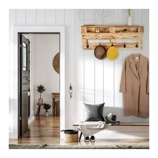 K&L Wall Art Wandgarderobe Palettenmöbel Garderobe Vintage Paletten Wandregal mit Kleiderhaken, Kiefernholz massiv Holzregal braun