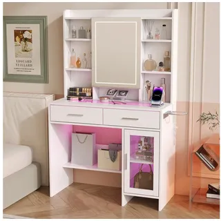 Simurq Schminktisch Kosmetiktisch mit Spiegel und Steckdose, Glasplatte, Fönhalter, mit Schubladen Stauraum, mit LED, Modernes, für Schlafzimmer, Weiß weiß
