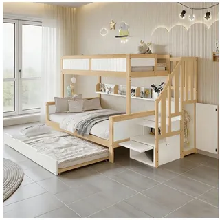 MODFU Etagenbett Kinderbett mit Rollbett, Stauraum und Kleiderschrank (3 Bettpositionen, Fallschutzgitter, 4 Stauraumschränke in der Treppe, Funktionsbett Gästebett 90x200 cm und 120x200 cm), ohne Matratze weiß