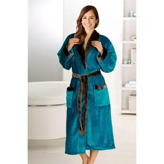 Gözze Unisex-Bademantel Seidenfeeling, ideal für Sauna & Spa, Hotelbademantel, Morgenmantel, Langform, Wellsoft-Microfaser, Schalkragen, Gürtel, für Damen & Herren, mit edlem Glanz, lang blau XL | 125 cm