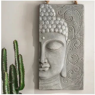 K&L Wall Art Wanddekoobjekt Buddha Wandskulptur Steinoptik asiatische Feng Shui Deko 3D Wandfigur (Buddha Wandbild), mit Seilaufhängung grau
