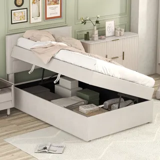 Flieks Polsterbett Einzelbett 90x200cm Stauraumbett mit Lattenrost, Jugendbett Boxspringbett mit Stauraum Boxbett, beige - Beige