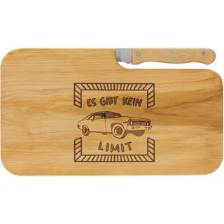 LASERHELD | Brotzeitbrett Holz mit Gravur “Es gibt kein Limit” & Messer | 26 x 15 cm | Frühstücksbrettchen Holz Schneidebrett Jausenbrett | Geschenk für Rennfahrer zum Vatertag