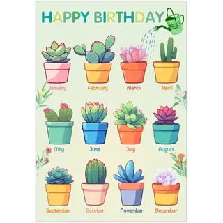 craspire Happy Birthday Poster Diagramm Geburtstagskalender Für Das Klassenzimmer Papier Wiederverwendbar Grüne Pflanzen Pinnwände Poster Mit 10 nahtlosem Doppelseitigem Klebeband