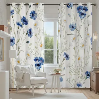 Tyafsgvqo Kornblume Vorhange Blickdicht 2er Set, Pflanzen Blumenmotiv Gardinen mit Ösen Landhaus Aquarell Floral Verdunklungsvorhänge 175 cm Lang 70 Breit Thermovorhang Wohnzimmer Schlafzimmer