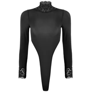 CABULE Damen Body String Dessous Transparent Langarm Rollkragen Haken Schritt Hoch geschnitten Tank Tangas Trikot Body-Schwarz, Einheitsgröße