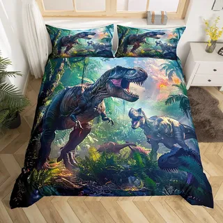 Homewish 3D Realistische Dinosaurier Bettwäsche Sets für Jungen,Tropischer Dschungel Wilde Tiere Komfortbezug Dino Bettbezug 135x200,Paläontologie Dinosaurios Bett Set Wildlife Room Decor
