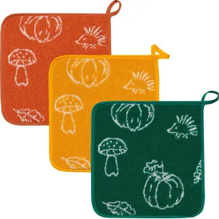 Kracht Kochschürze Topflappen "Herbstlich" 3er-Pack, (3-tlg), Frottier Motiv bunt|gelb|grün
