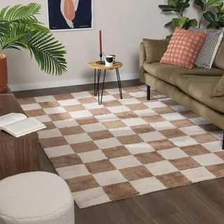FRAAI | Home & Living Teppich Kariert - Blox Beige Weiß - 80x150 cm - Baumwolle, Polyester - Hochflor - Blöcke, Kariert - Waschbar in Waschmaschine - Modern - Wohnzimmer, Schlafzimmer, Büro