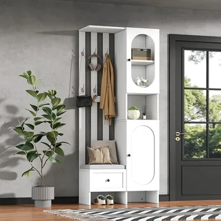 Merax Garderoben-Set, Kompaktgarderobe, multifunktionaler Garderobenständer, Modern Flurgarderoben Set mit Schubladen, Schränken, Glastür, Gepolsterte Schuhbank, Haken, für Eingangsbereich, Flur, Weiß