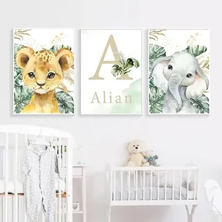 Youihom 3 Personalisiert Name Kinder Wandbilder Junge Safari 30 x 40 cm Poster Kinderzimmer Tiere Dschungel Löwe Elefant Bilder Babyzimmer Jungen Bild Mädchen Zimmer ohne Rahmen