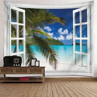 Mesnt Wandteppich Strand Groß, 210x140cm Fenster Küstenlandschaft Wandteppich Wandkunst für Schlafzimmer Wohnzimmer Dorm Decor Wandteppich | Blau Grün Weiß