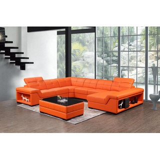 JVmoebel Ecksofa XXL Designer Wohnlandschaft Ecksofa Sofa Couch U-Form Tisch Leder orange
