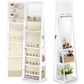 FIVMEN Schmuckschrank mit Spiegel Spiegelschrank Schminkschrank 360° Drehbarer mit 6 LEDs Abschließbar Schmuckaufbewahrung Make-Up Organizer 3 in 1 mit Ganzkörperspiegel Standspiegel, Weiß