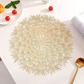 Hosoncovy 4er Pack Löwenzahn dekorative Tischsets Runde Tischset PVC Tischsets Hohl Tisch Tischsets Hitzebeständig rutschfeste Tischsets Blumen Tischset für Hausküche Hochzeitsfeier (Gold)