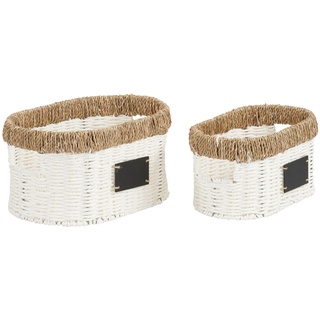 Household Essentials Natural Rim Oval Set Paper Rope and Seagrass (2 Piece) Small Wicker Basket, White