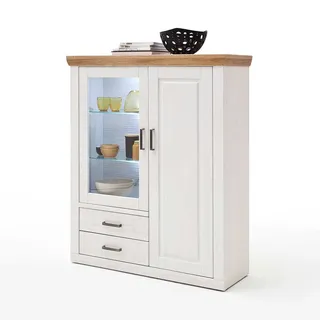 Landhaus Highboard Vitrine in Weiß und Eiche Optik 40 cm tief