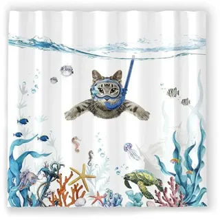 Duschvorhang, 180 X 180 Cm, Stoff Mit Schwimmender Katze, Schimmelresistent, Beschwerter Saum, Wasserabweisend, Waschbar, Polyestergewebe