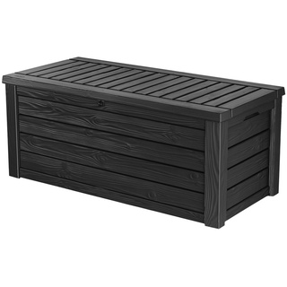Keter Kissenbox Westwood Aufbewahrungsbox 568 Liter für Terrassenmöbel aus Kunststoff, Auflagenbox Gartenbox anthrazit Holz Optik mit Gasdruckfedern grau
