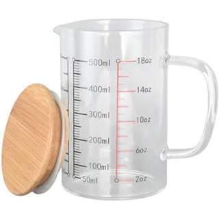VIFERR Messbecher aus Glas mit Deckel, 500ml Hitzebeständiger Glas Messbecher mit Skala und Holzdeckel für Zuhause, Café, Konditorei Dessertzubereitung