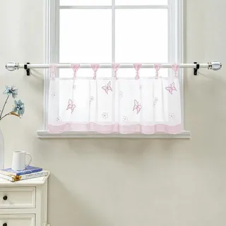 Delien Scheibengardinen Küche »Schmetterling« B120 x H30 cm, Rosa | 1 Stück,Voile,Bistrogardine mit Schlaufen,Schmetterling Stickerei,Transparente Küchengardine,Landhausstil Kurzstores