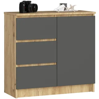 Akord Kommode, Eiche Artisan, Grau, Holzwerkstoff, Nachbildung, Holz Optik, 2 Fächer, 3 Schubladen, Rechteckig,Rechteckig, 80x77x35 cm, Wohnzimmer, Kommoden & Sideboards, Kommoden