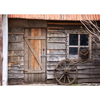 BELECO 4.6x2.5m Stoff Altes Holzhaus Blockhütte Hintergrund Rustikales Bauernhaus Scheunentor Holzfenster Rad Western Country Cowboys Thema Party Deko Requisiten