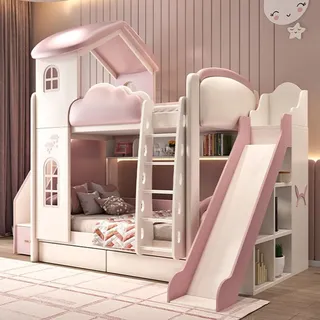 Hochbett Etagenbett mit Leiter, Matratzen und Schubladen – Kinderbett, Kinderzimmer Möbel, Stufen mit Stauraum+rutschen Rosa 1500*1900mm - Rosa