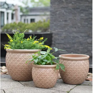 3-teiliges Keramik-blumentopf-set, Glänzend Beige, Münzrelief, Frostfest Havrya