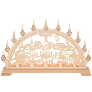 Kunstgewebe Taulin Schwibbogen Taulin Lichterbogen Motiv Weihnachtsmarkt mit Pyramide, 16 flammig elektrisch beleuchtet beige