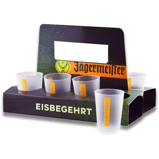Jägermeister Original 16er Set Probier-Becher mit Halter Träger Eisbegehrt maximal 0,04l Shot-Becher Cup Cup's Plastik Kunststoff Shot-Gläser