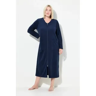 Ulla Popken Bademantel Bademantel Frottee 2-Wege-Reissverschluss Langarm, Langform, Materialmix blau 50/52