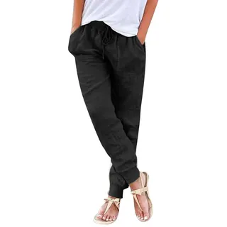 Leinenhose Damen Leicht Sommerhose Sommer Stoffhose Freizeithose Strandhose Einfarbig Locker Bequeme Chino Musselin Hosen Straight Leg Hose und Taschen, S-3XL