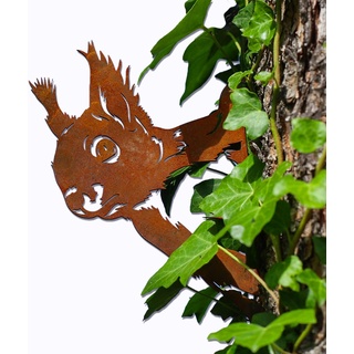 Steelmonks Gartendeko aus Rost: Eichhörnchen Baumstecker aus Cortenstahl – Langlebige Rostfigur für den Außenbereich, Kunstvolle Metall Gartenfigur