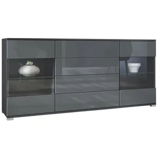 Vladon Sideboard Bari V2 (Kommode mit 2 Türen, 4 Schubladen und 2 flexible Glaseinlegeböden), Anthrazit matt/Grau Hochglanz (166,5 x 75,5 x 35) grau