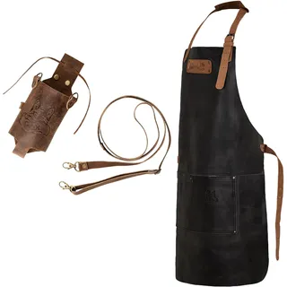 Black Forest Fox SET BARMAN Büffelleder Grill Koch & Küchen Schürze + Getränkeholster Holly Holster – Leder Flaschenhalter für Partybecher, Bierflaschen, Getränkedosen – BARMAN SET 3 (Cracker-Black) - normal