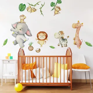 Wandsticker Kinder Dekoration Babyzimmer Wandtattoo Kinderzimmer Wandaufkleber Elefant und seine Freunde der Savanne - H90 x 60 cm